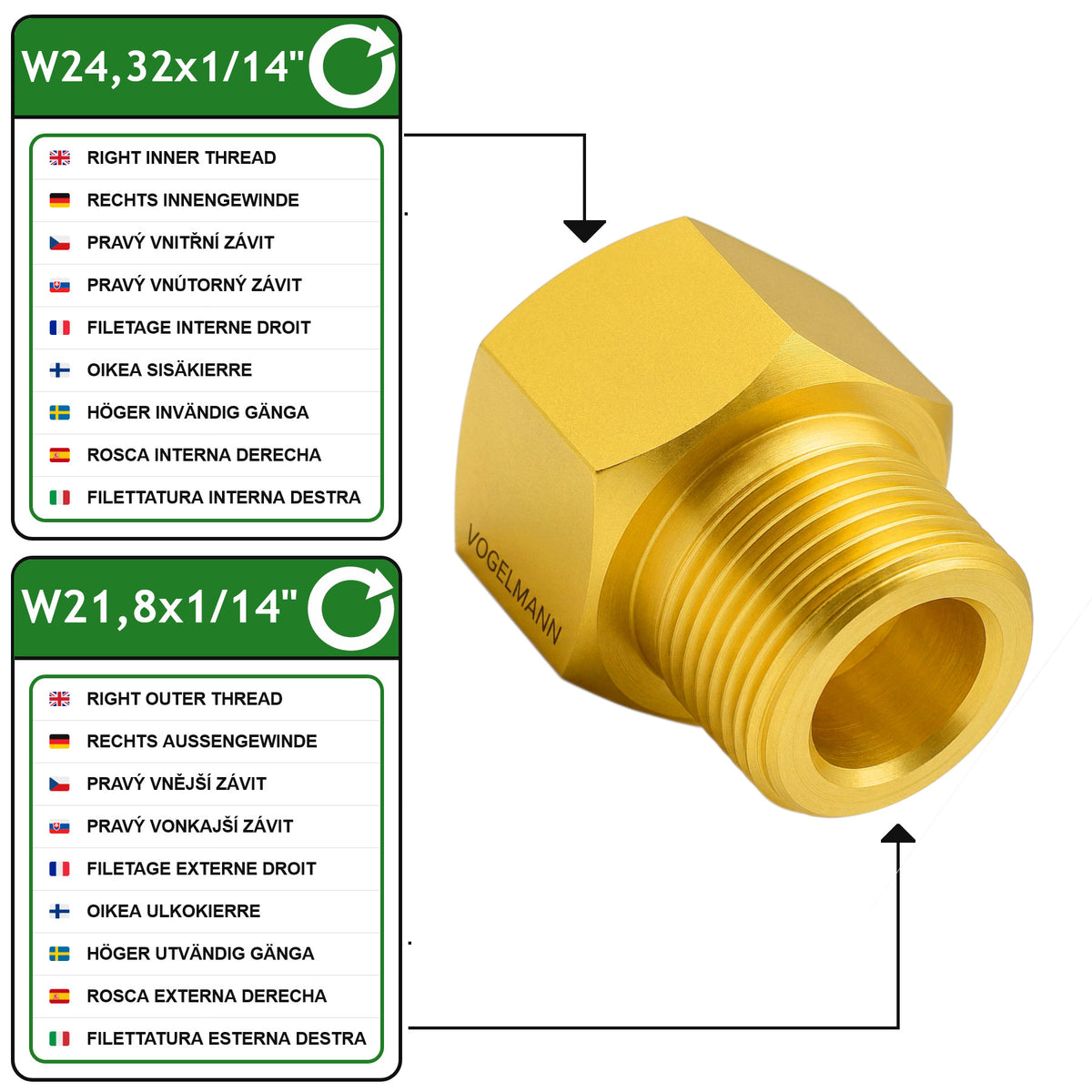 Adaptateur w24.32x1/14 (Femelle) vers w21.8x1/14 (Male)