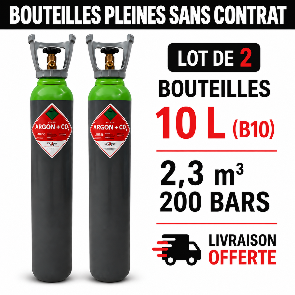 Lot de 2 bouteilles pleine d’Argon/CO2 15% - 10 L (200Bars), soit 4,6 m³ de gaz au total - Transport OFFERT