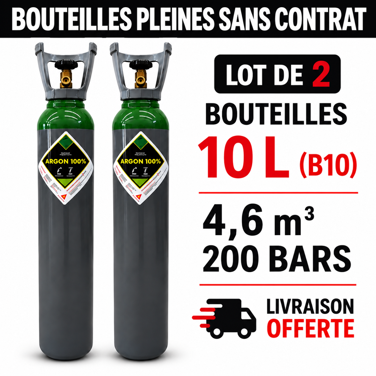 Lot de 2 bouteilles pleine d’Argon pur 10 L (200Bars), soit 4,6 m³ de gaz au total - Transport OFFERT