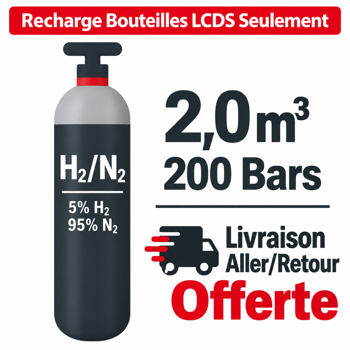 Recharger ma bouteille LCDS Gaz de soudure 5% Hydrogène 95% Azote B10, 2.0 m³ - Transport A/R inclus
