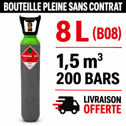 Bouteille Gaz de soudure pleine  Argon CO2 Sans Contrat B08, 1.5m³ - Rechargeable Livraison Offerte