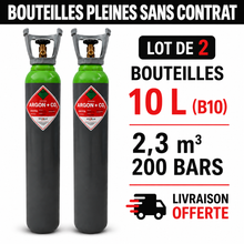 Lot de 2 bouteilles pleine  d’Argon/CO2 15% - 10 L (200Bars), soit 4,6 m³ de gaz au total - Transport OFFERT