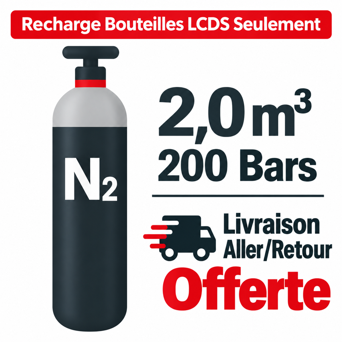Recharger ma bouteille LCDS Gaz AZOTE TECHNIQUE B10, 2.0 m³ - Transport A/R inclus