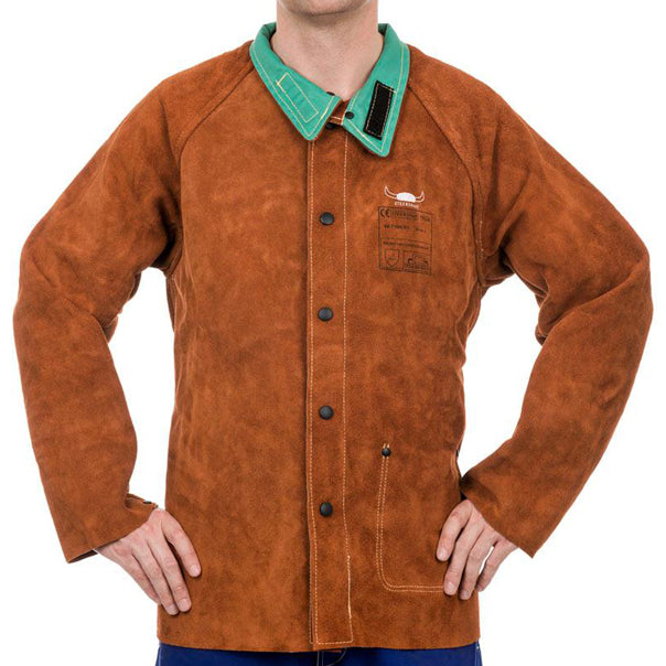 Veste de soudage brune en cuir croûte bovin avec dos en proban - Le Comptoir du Soudeur