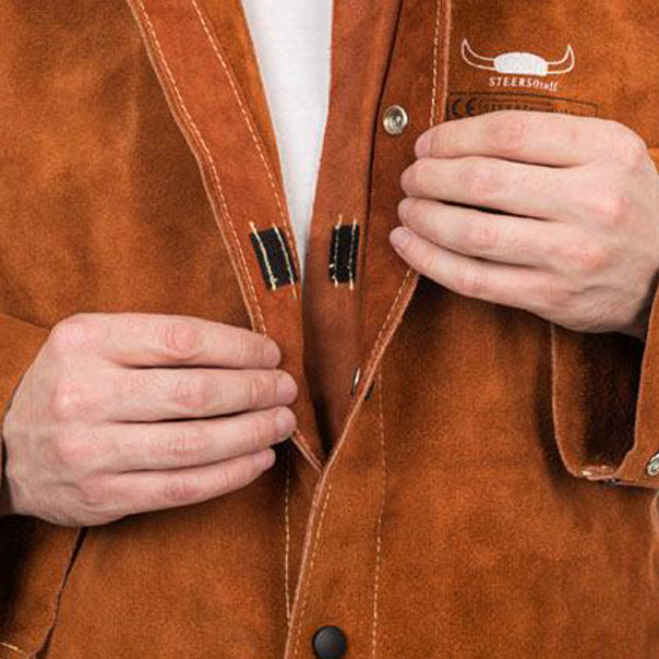 Veste de soudage brune en cuir croûte bovin avec dos en proban - Le Comptoir du Soudeur